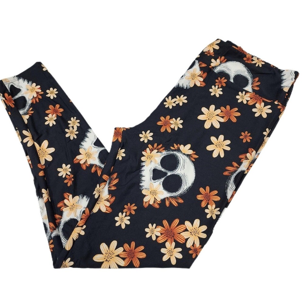 Os LuLaRoe Leggings Halloween Skulls Flowers Black Orange Fits 2/10 Rare